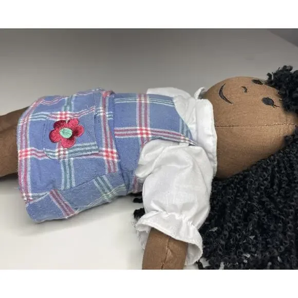 Vintage Baby Gap Girl Doll Black Yarn Hair Blue Denim Dress Flower - No Tags